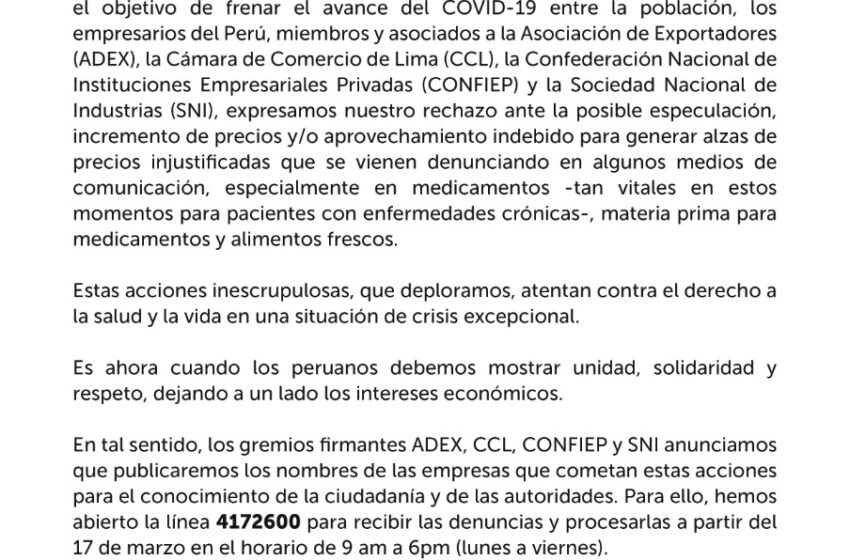 gremios empresariales rechazan especulación y alza de precios